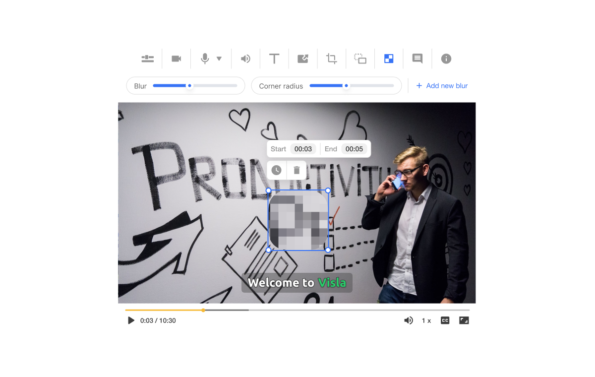 Adjust blur placement and timing precisely with Visla’s blur video online feature